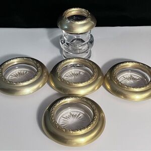 4 SABEN GLASS Ashtrays & Match Holder / VINTAGE 1950’s / Gold Anodized Aluminum